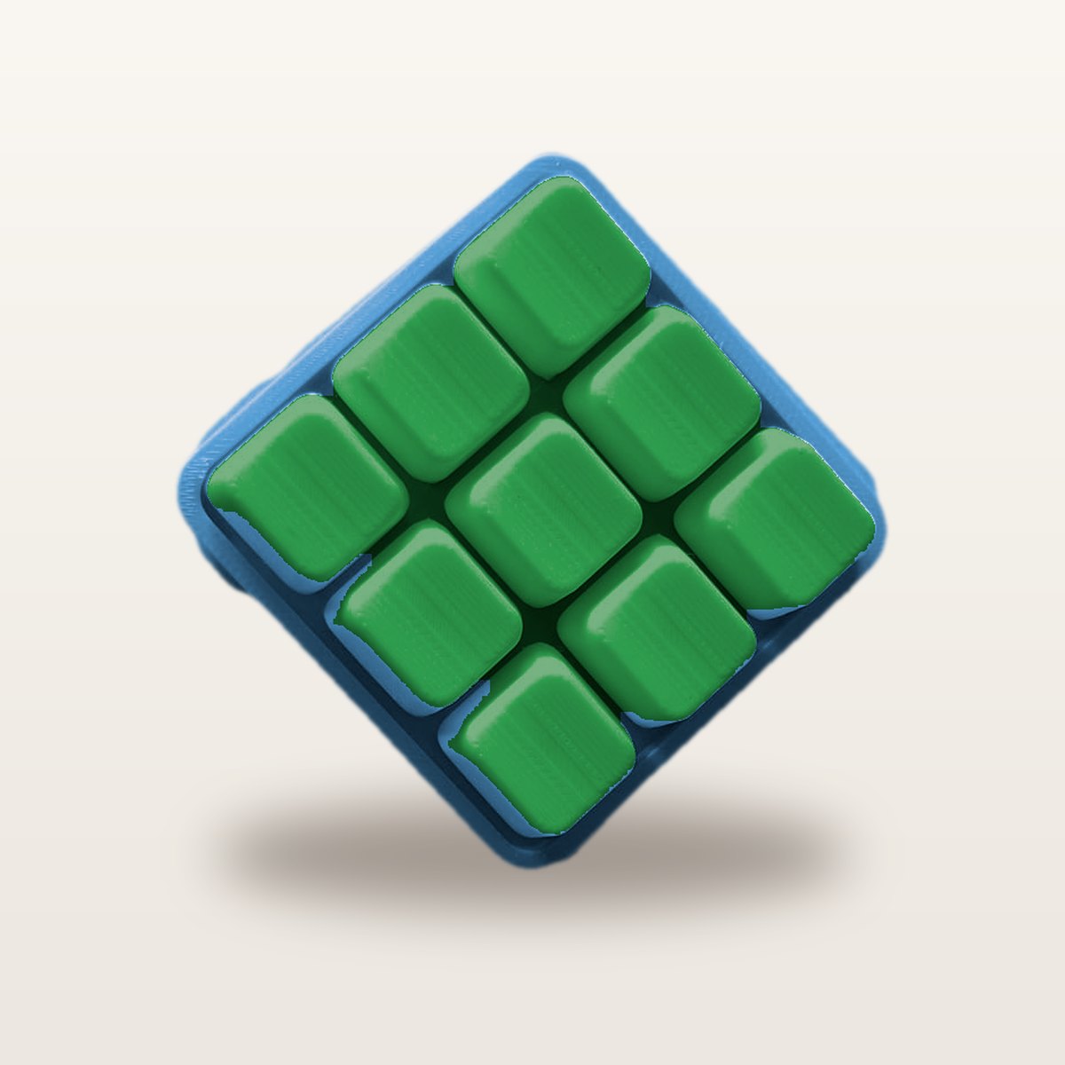 Clickey Cloud Nine met blauwe basis en groene keycaps