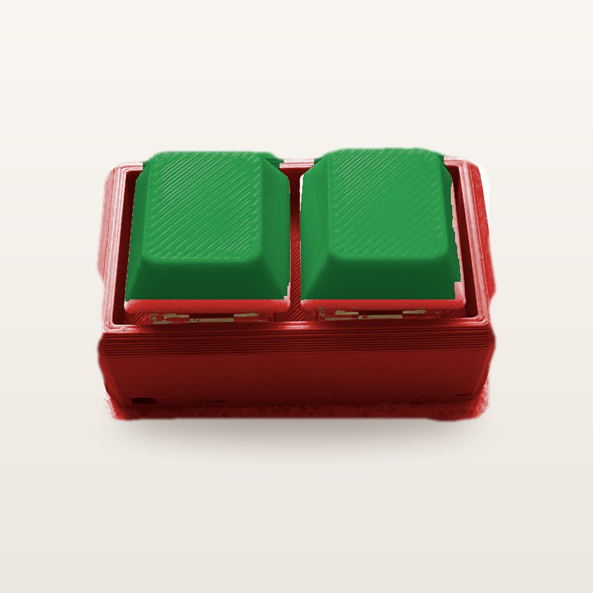 Clickey Duo met rode basis en groene keycaps