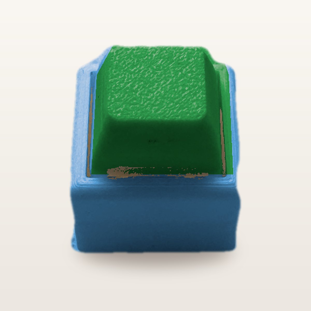 Clickey Mono met blauwe basis en groene keycaps
