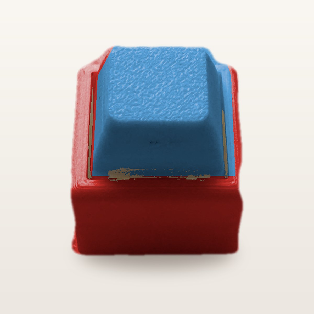 Clickey Mono met rode basis en blauwe keycaps