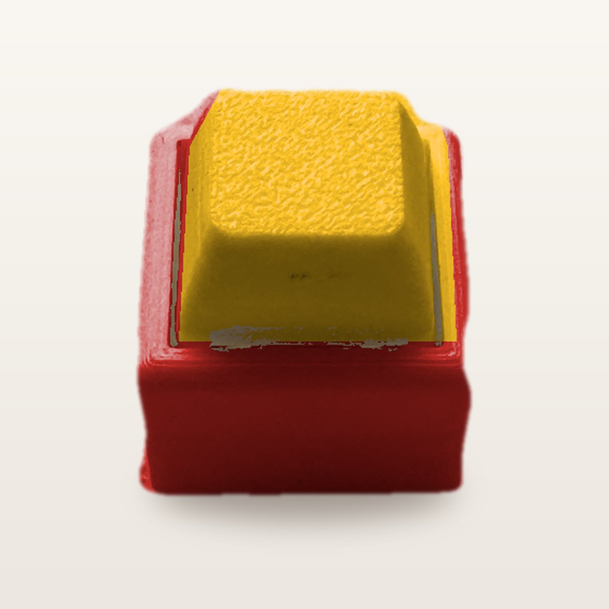 Clickey Mono met rode basis en gele keycaps