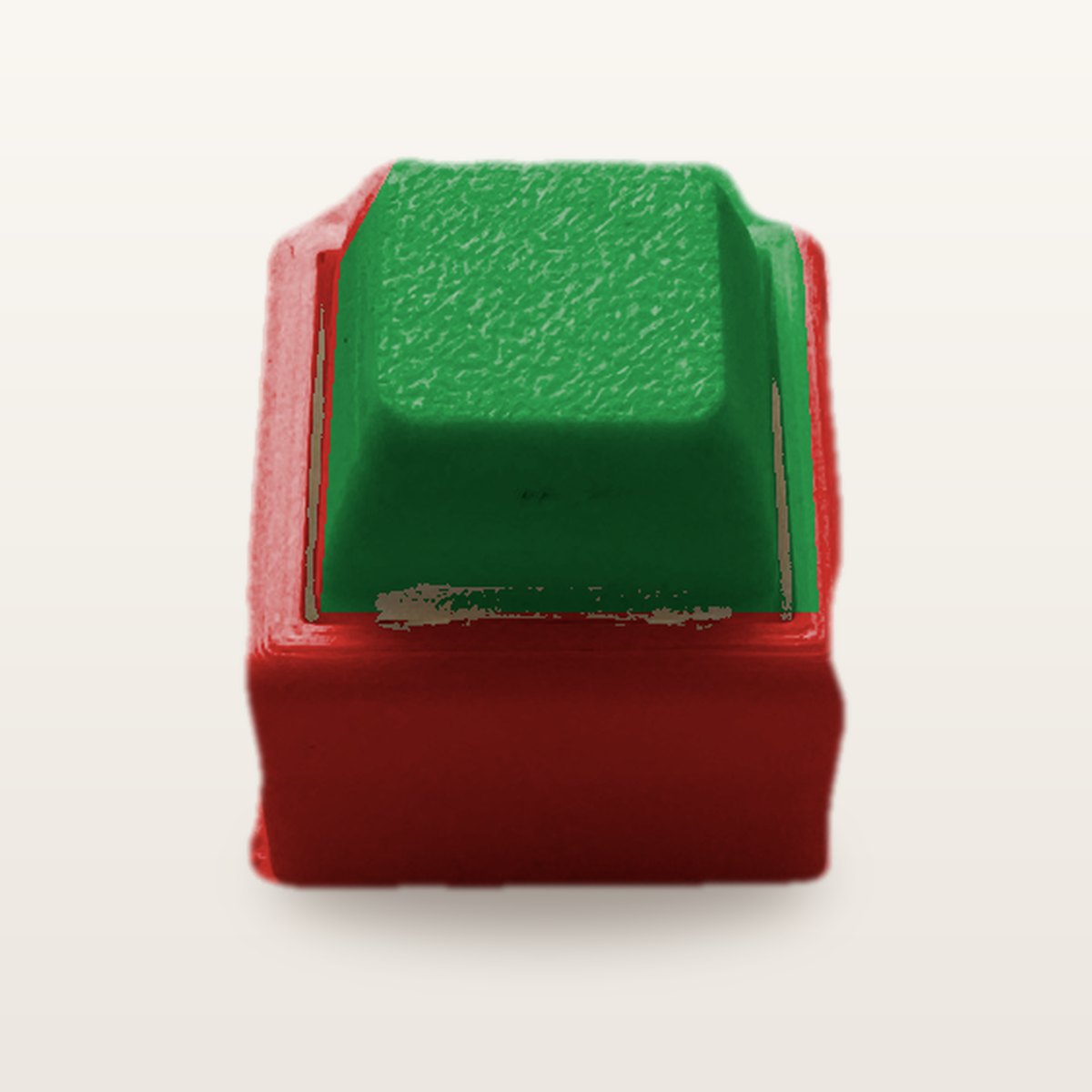 Clickey Mono met rode basis en groene keycaps
